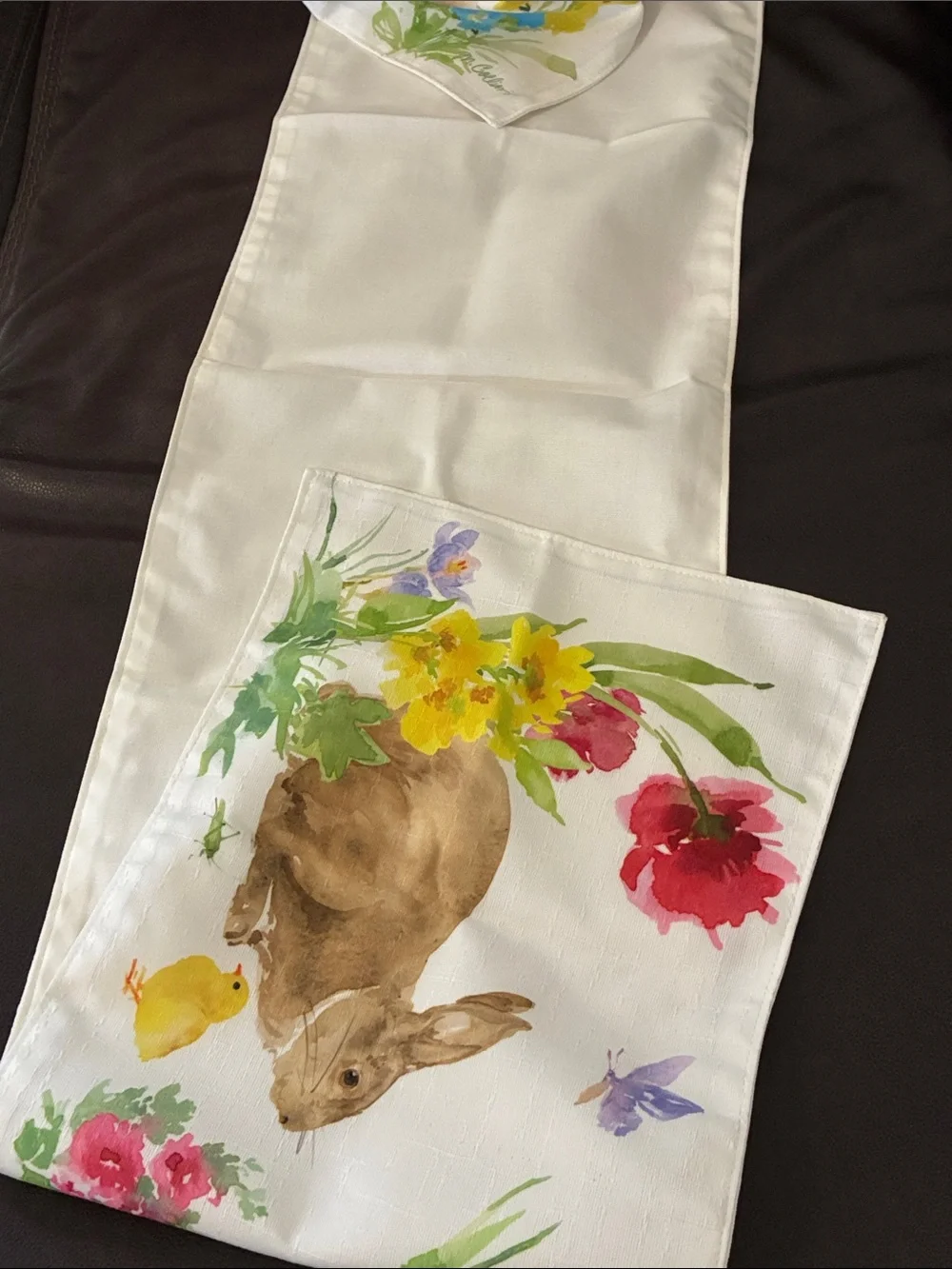 Spring Bunny Floral Table Runner in White 13 X 72”